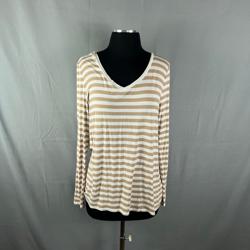 Canyon River Blues Shirt Womens XL White Brown Striped Rayon Long Sleeve V Neck